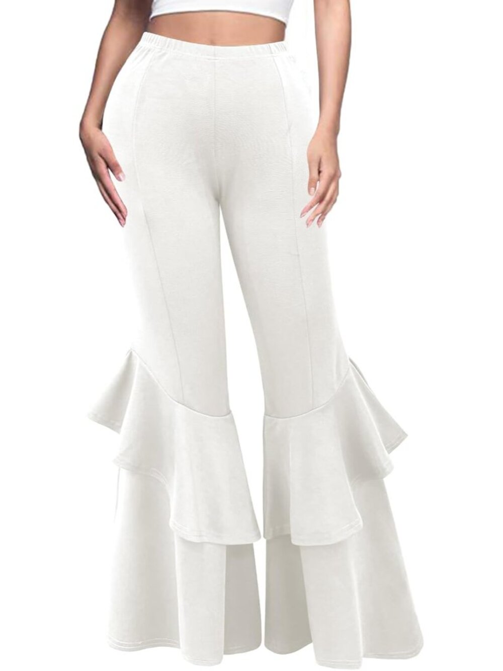 Womens High Waisted Ruffle Flare Fit Pants Solid Color Wide Leg Trousers